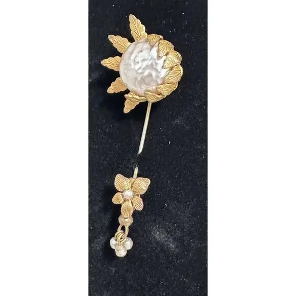 Vintage Miriam Haskell Signed Gold Tone Glass Pearl Sunflower Hat Stick Pin - Picture 3 of 7
